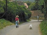 Rushing to get to a castle--all three kids.