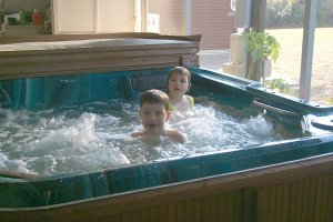 Making Alex and Juli soup in the hot tub
