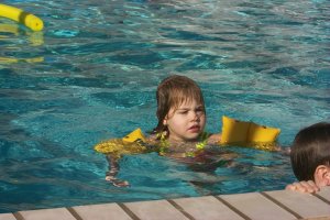Juli swimming like a mermaid--with a little help